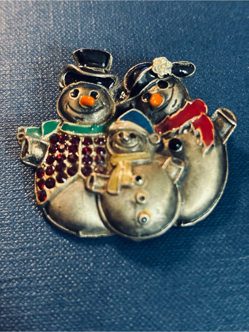 Snowman Family Brooch - Multicolor Enamel & Rhinestones Christmas Brooch